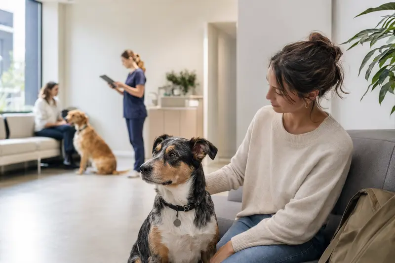 Ein ruhiger Designerhund sitzt neben seinem Besitzer im hellen Wartezimmer einer modernen Tierarztpraxis.